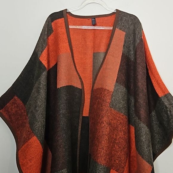 Lane Bryant Patchwork Colorblock Blanket Poncho Cape Fall Winter Orange … - Picture 4 of 7